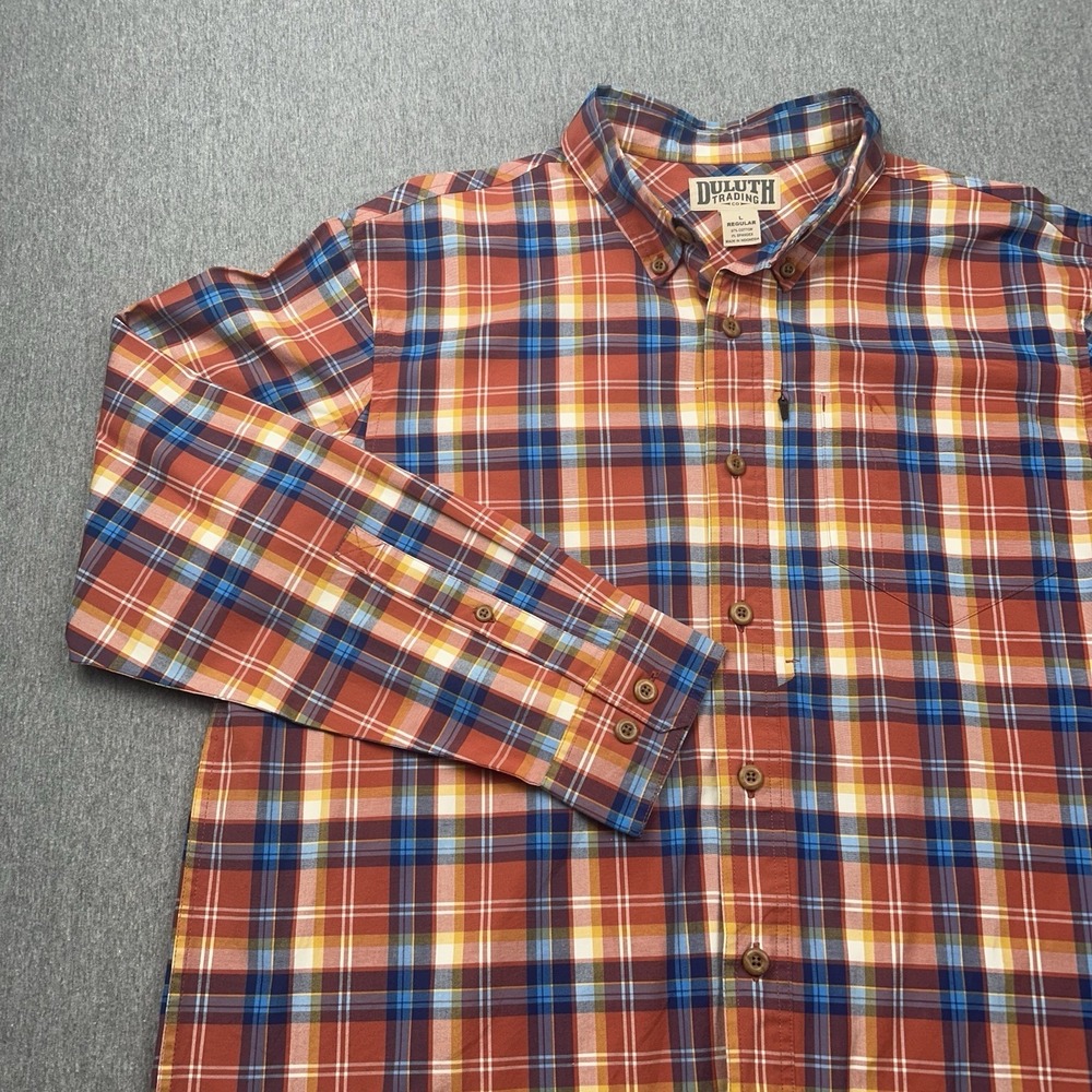 Duluth‎ Trading DuluthFlex Beergarden Button Down Shirt Men's Large Blue Orange